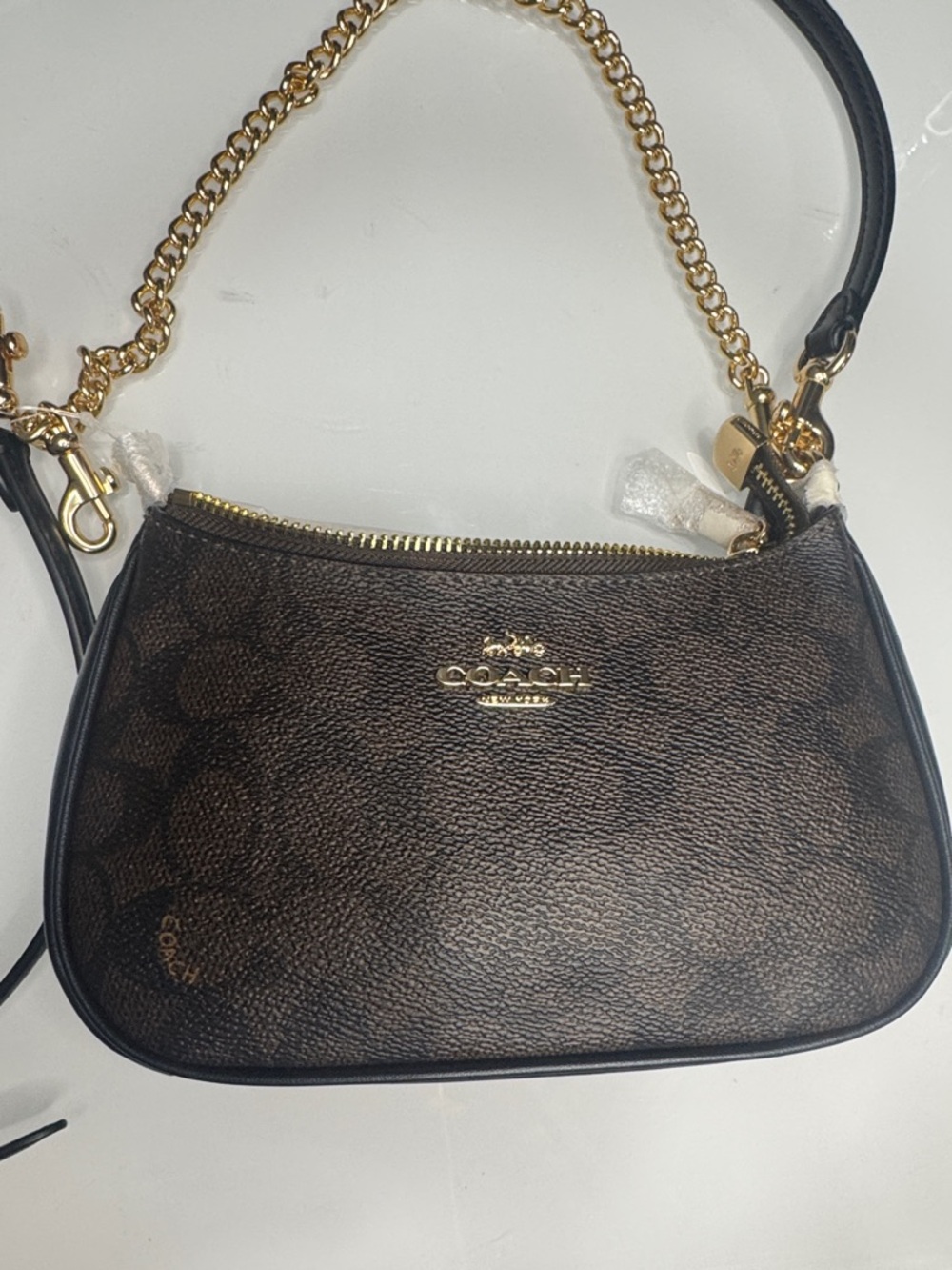 COACH Teri Dark Brown Signature Mini Crossbody or shoulder bag with Gold Chain - Picture 2 of 12